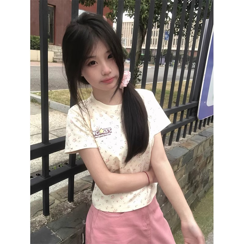 Official photo 100% cotton 21 200g pure cotton thread collar printed foam short-sleeved T-shirt for women