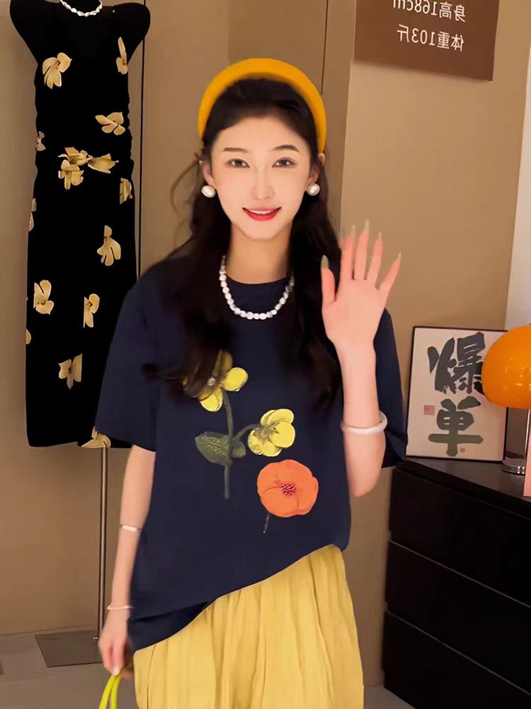 200g combed and tight spun in 2025, pure cotton back bag strip, spring and summer loose shoulder printed short-sleeved T-shirt