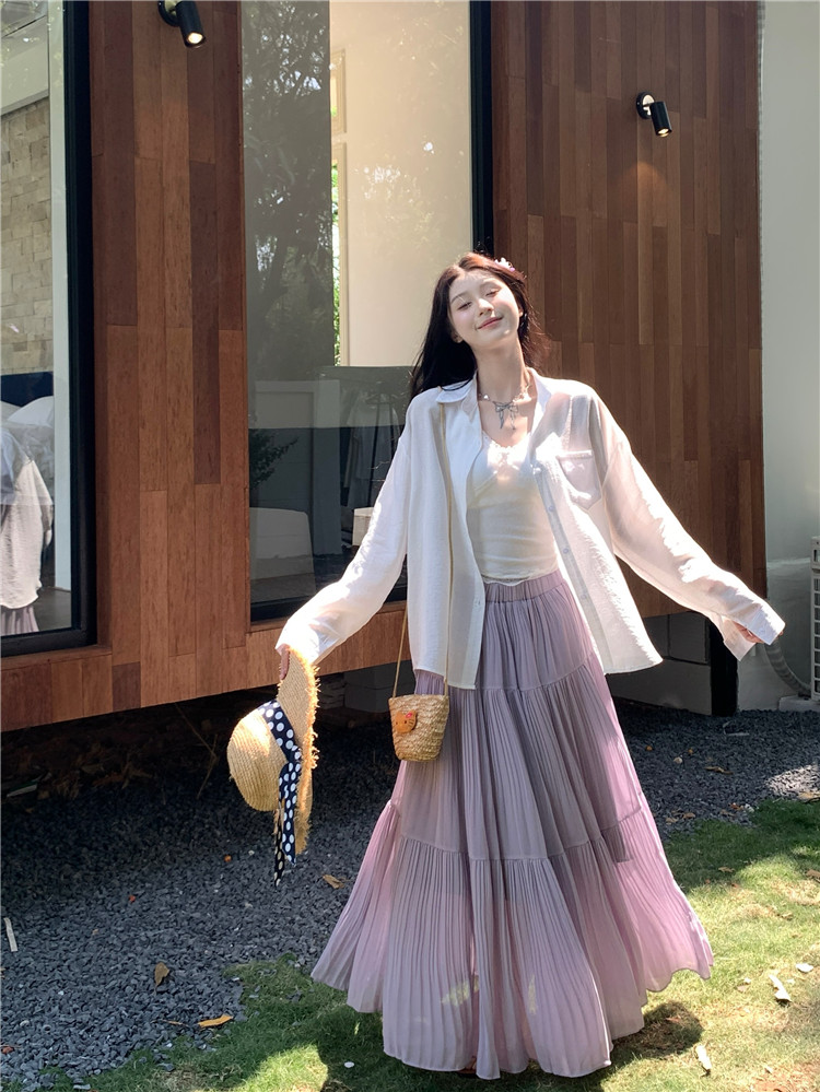 Real shot 2025 new slim slim suspender vest lazy sunscreen shirt jacket skirt fashionable three-piece set