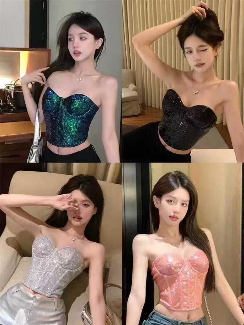 亮片重工魚骨胸衣背心女夏季外穿辣妹夜店街頭裹胸抹胸無肩帶上衣
