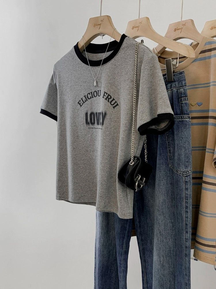 ~Large size women's gray pure cotton short-sleeved T-shirt for women's summer 2025 new top