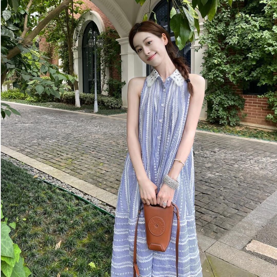 法式條紋無袖連衣裙女夏款新款氣質減齡襯衫裙溫柔顯瘦中長裙時髦