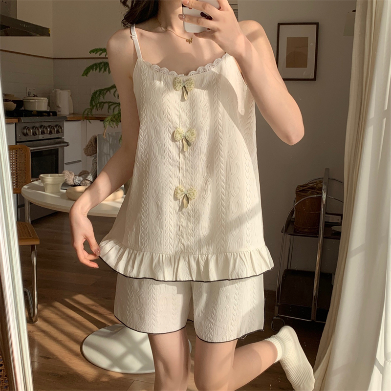 Real shot of 25 years new summer pajamas with chest pads sexy suspender shorts sweet jacquard home clothing set
