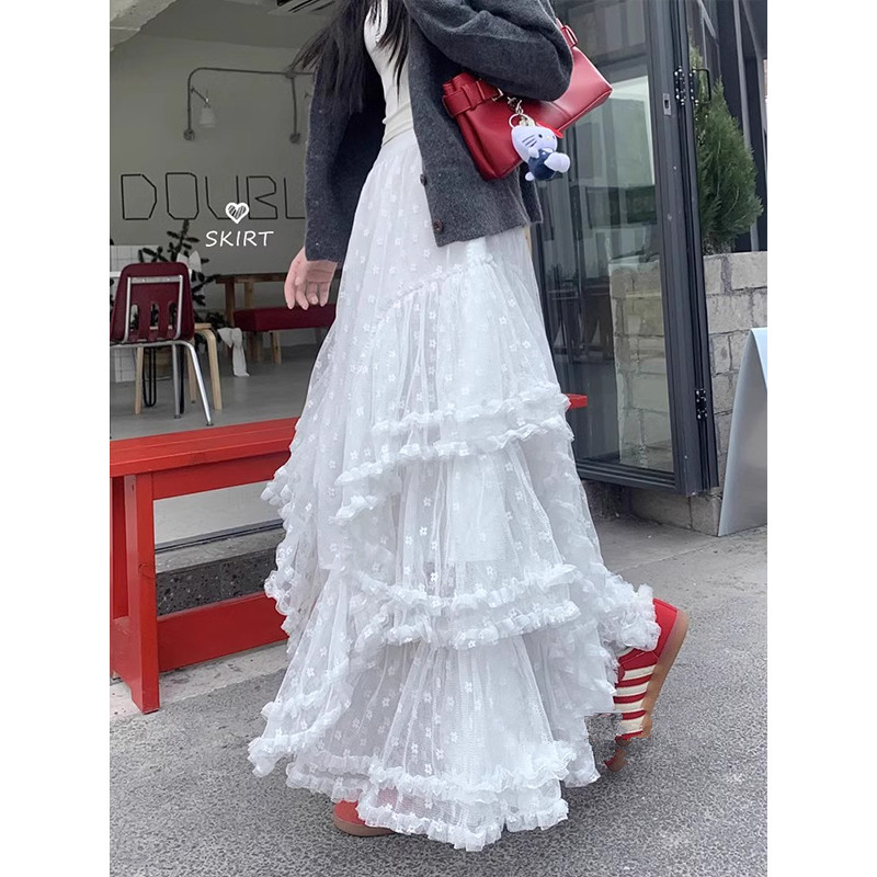 甜美風白色蕾絲半身裙芭蕾風蛋糕裙女春季高腰A字裙蓬蓬裙長裙子