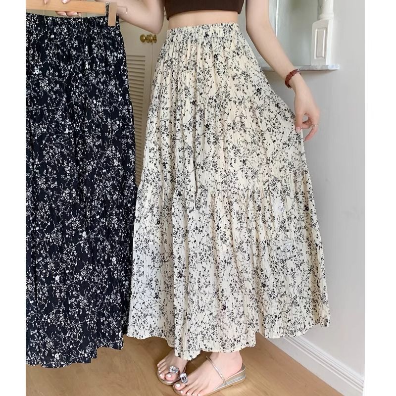 Korean version 2025 summer floral elastic waist skirt covering flesh to make you look thin and high-waisted A-line skirt