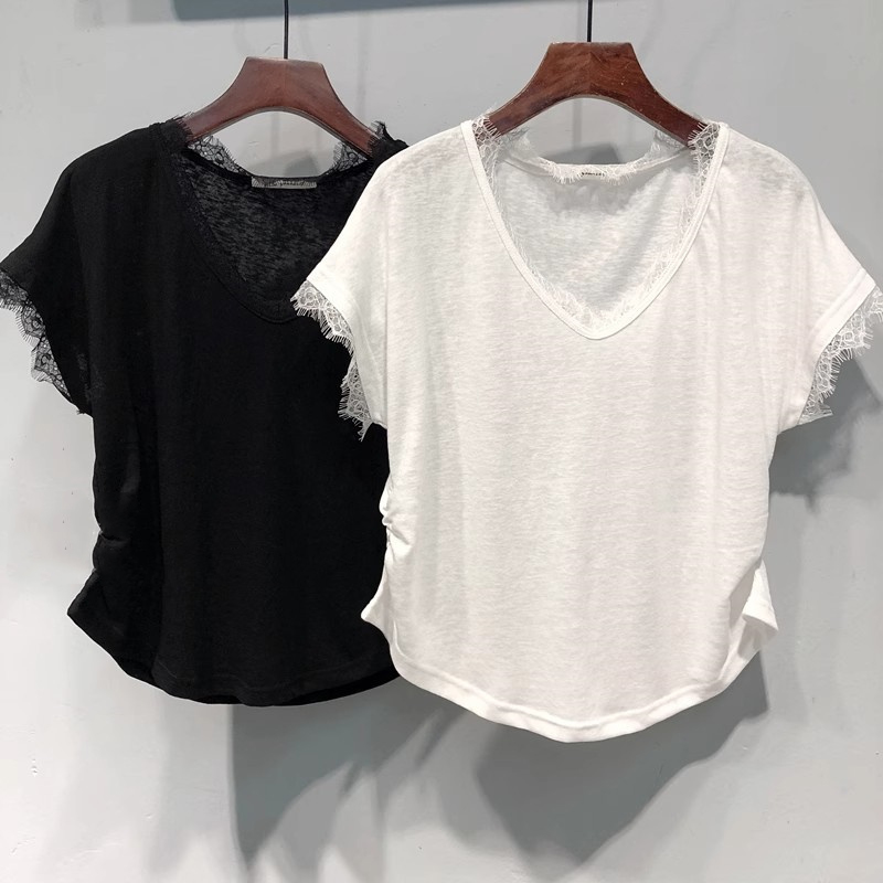 Snowflake Cotton V-neck Lace Lace Short-sleeved T-shirt for women in summer loose Korean style bottoming shirt front shoulder half-sleeved top