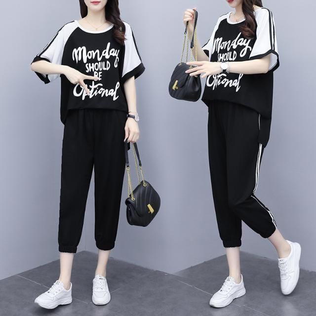 Large size women's clothing fat girl 200 pounds summer new loose meat cover short-sleeved cropped pants two-piece set