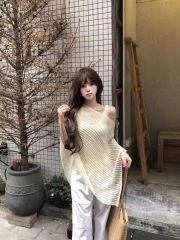 韓國東大門慵懶風鏤空針織衫法式氣質高級寬鬆休閒微透視斗篷上衣