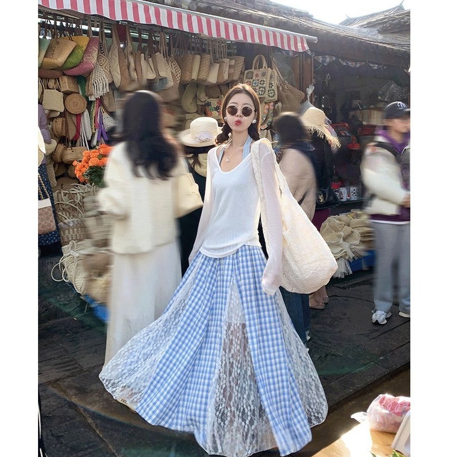 Korean plaid white lace skirt for women 2025 spring and summer new temperament and atmosphere a-line long skirt