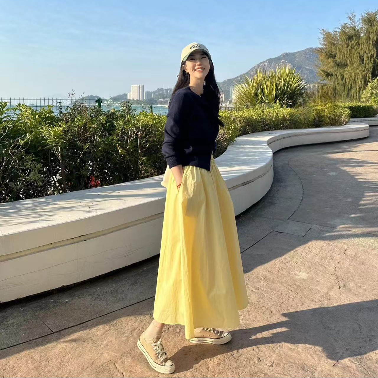 多巴胺穿搭法式高腰顯瘦a字垂墜感半身裙女夏鬆緊腰中長裙子傘裙