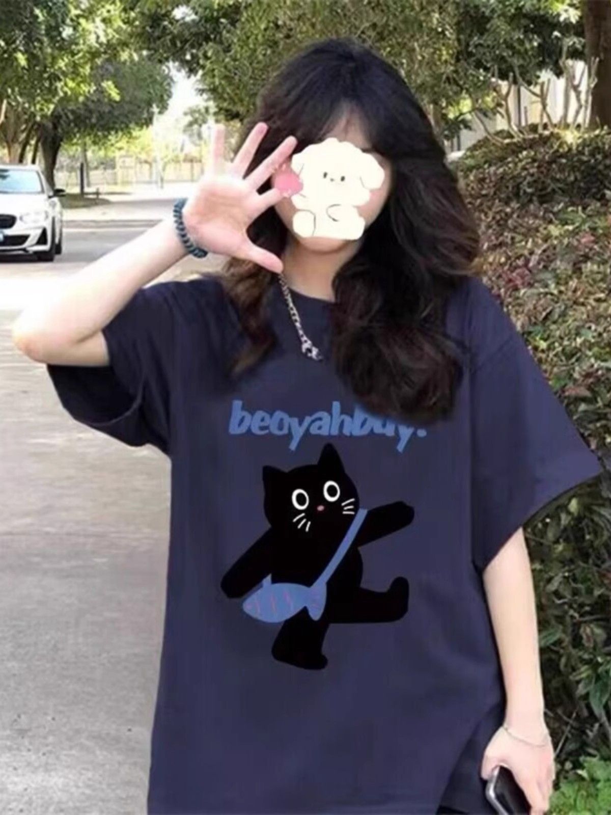 200g combed and tight spun in 2025, pure cotton back bag strip, spring and summer loose shoulder printed short-sleeved T-shirt