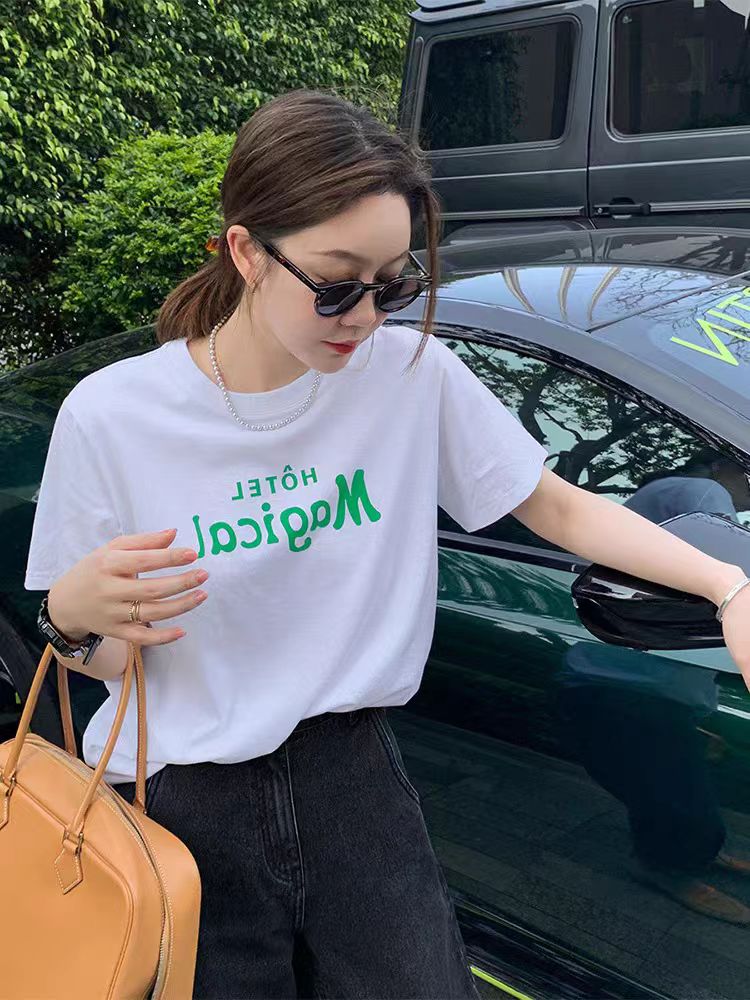 200g combed and tight spun in 2025, pure cotton back bag strip, spring and summer loose shoulder printed short-sleeved T-shirt