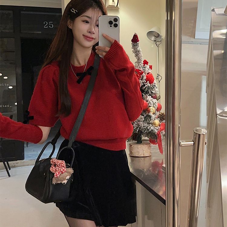 新年紅色套頭毛衣女秋冬甜美蝴蝶結打底衫小個子短款袖套上衣