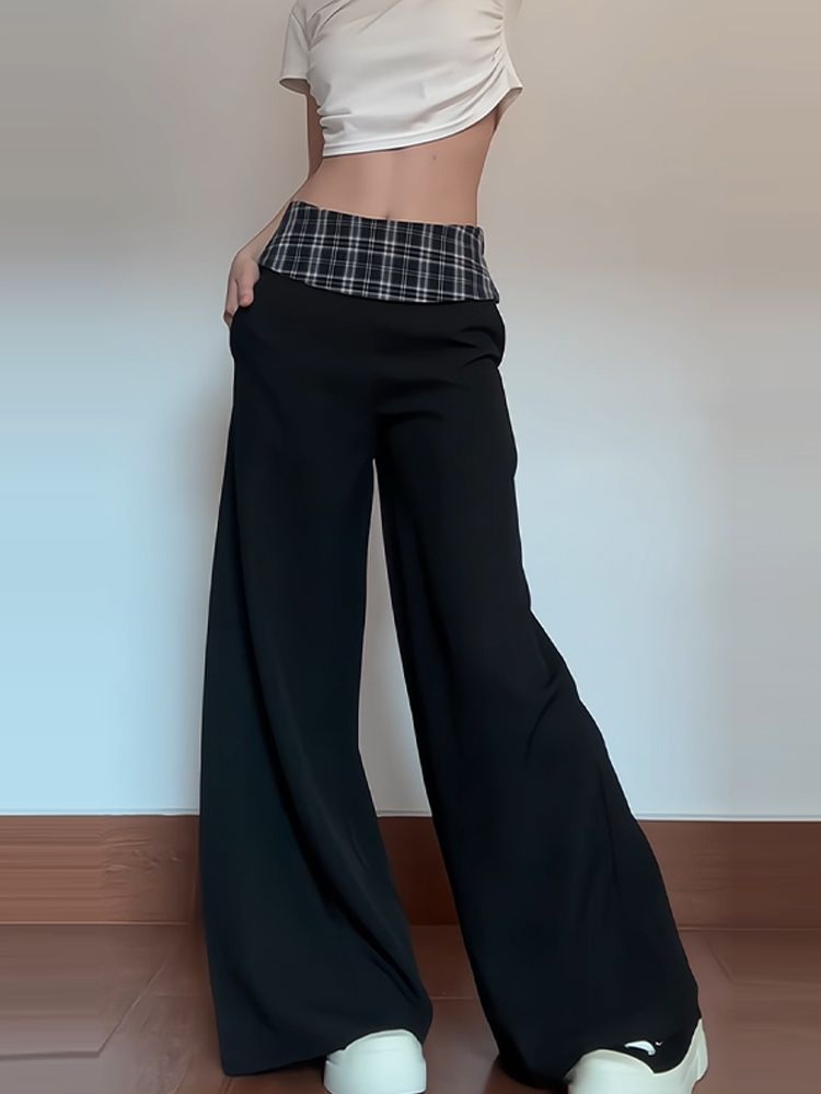 , three-dimensional waist 2025 early spring new black plaid spliced ​​draped suit pants for women straight-leg casual pants