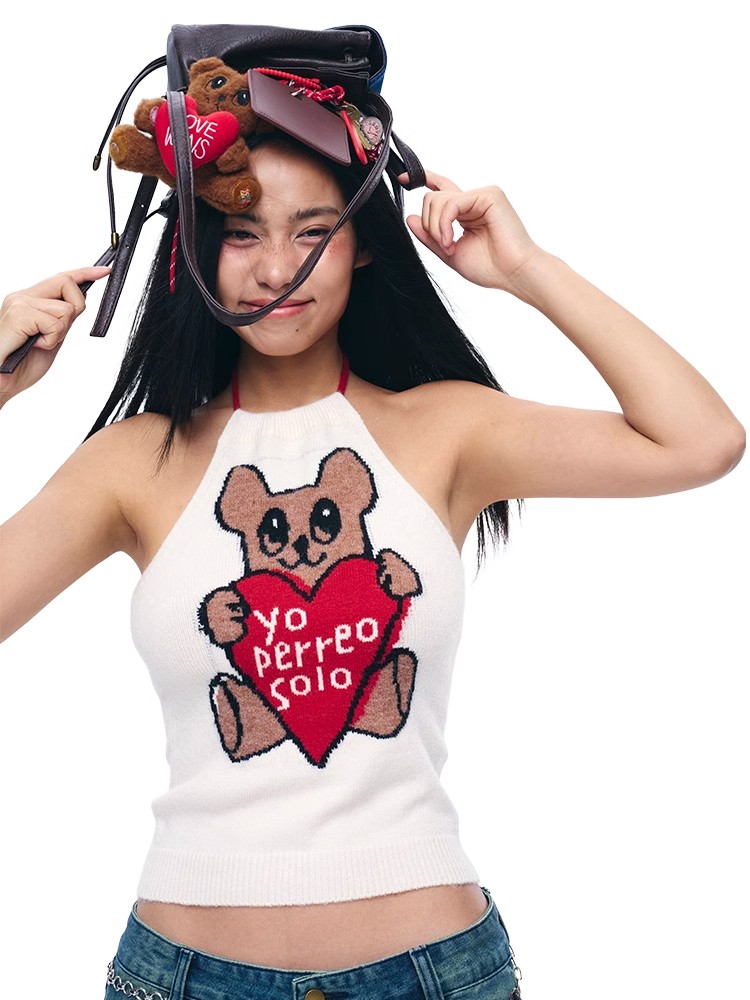 iscreamcolour MOF graffiti love bear halter neck knitted suspender inner sleeveless backless top
