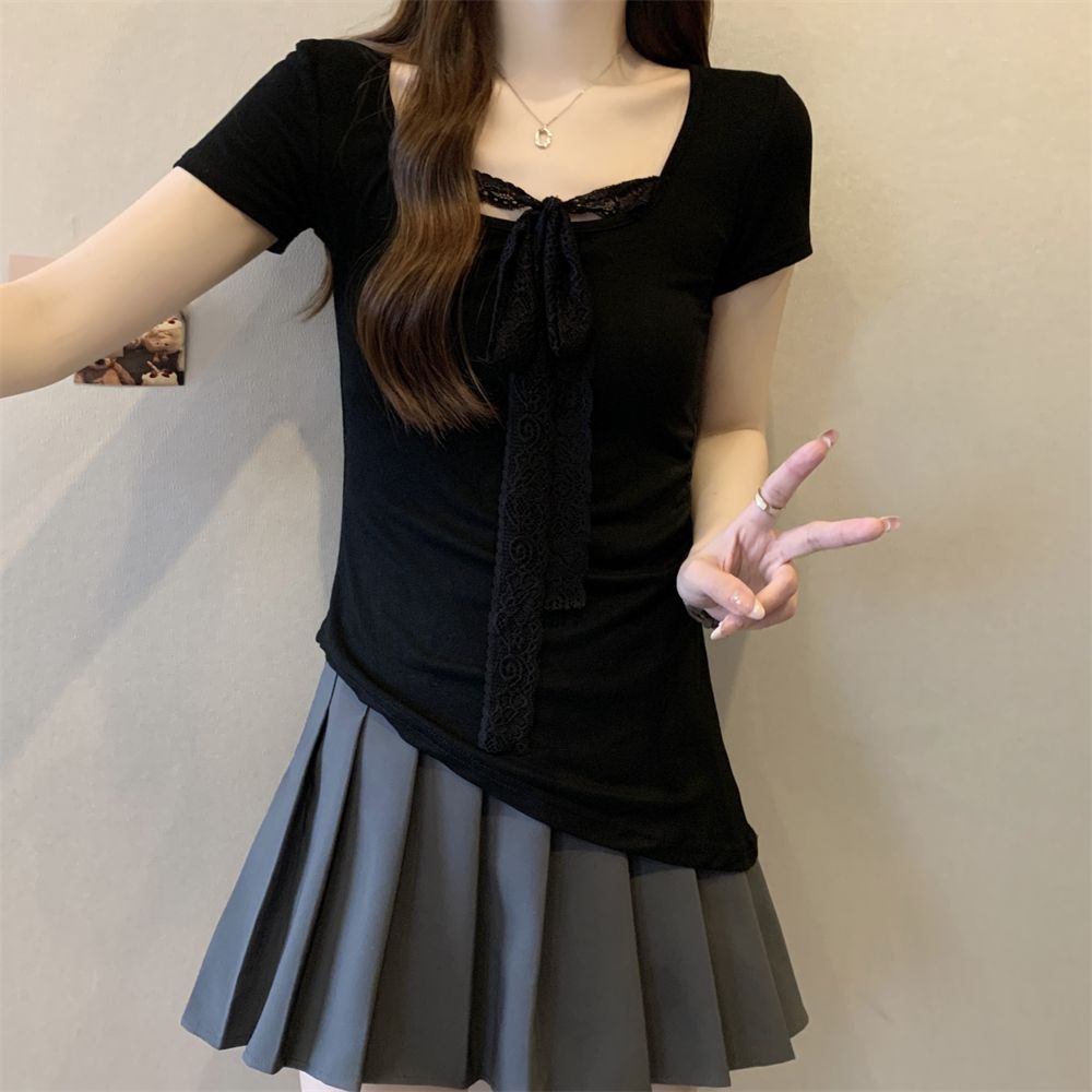 Real photo of 2025 Korean foreign trade new short-sleeved T-shirt for women's halter neck lace slim body
