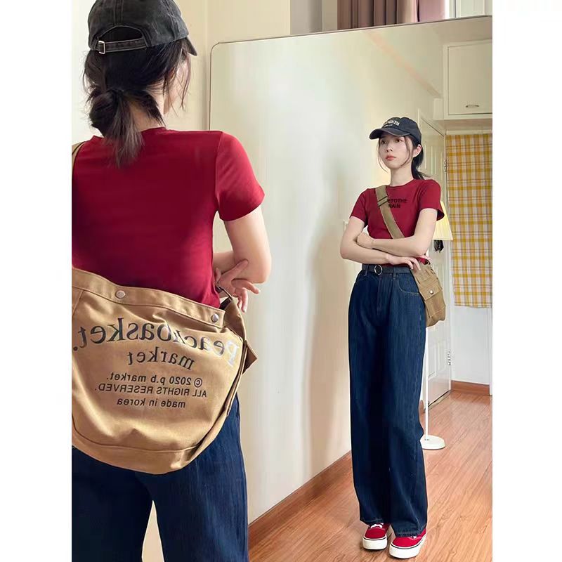 Vibe atmosphere burgundy pure cotton short-sleeved T-shirt for women in summer navel-exposed short shoulder millennial hot girl style top