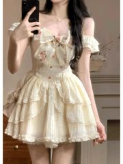 純欲少女風短裙女夏季收腰顯瘦減齡蕾絲拼接重工小飛袖公主連衣裙