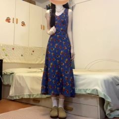 法式藍色無袖碎花背心連衣裙子女夏季2025新款海邊度假風氣質