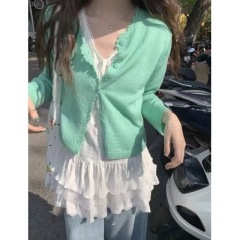 韓國東大門甜美花邊溫柔系春季針織開衫毛衣女上衣早春新款