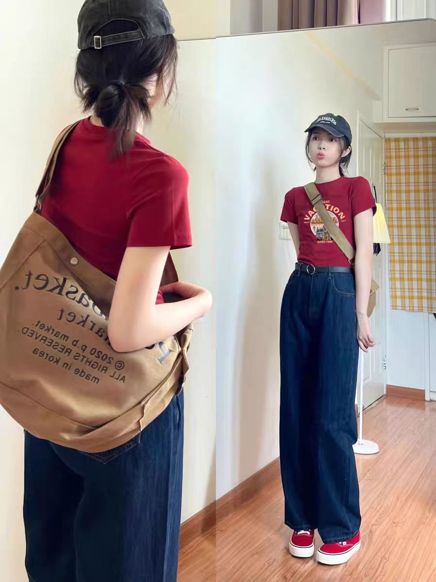 Vibe atmosphere burgundy pure cotton short-sleeved T-shirt for women in summer navel-exposed short shoulder millennial hot girl style top