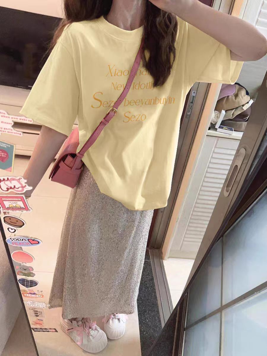 200g combed and tight spun in 2025, pure cotton back bag strip, spring and summer loose shoulder printed short-sleeved T-shirt