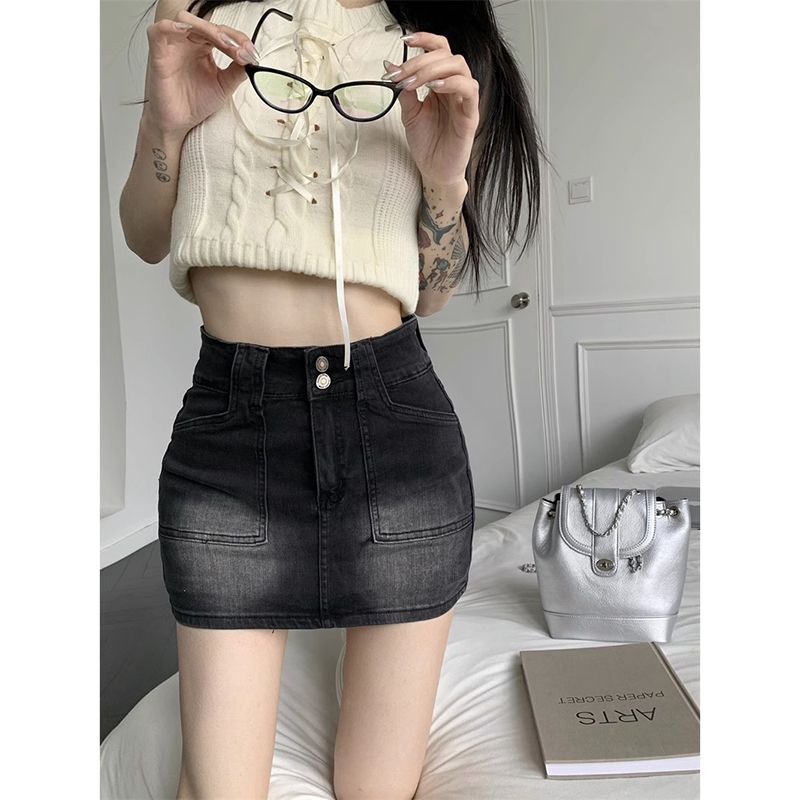 American retro hot girl high waist denim skirt for women in summer new elastic slim fit versatile slim hip short skirt