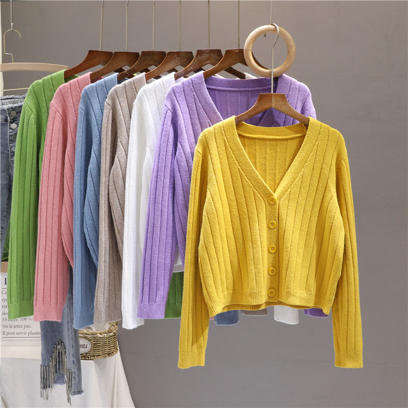 V-neck knitted cardigan for women in autumn new small solid color short long-sleeved jacket top ins trendy