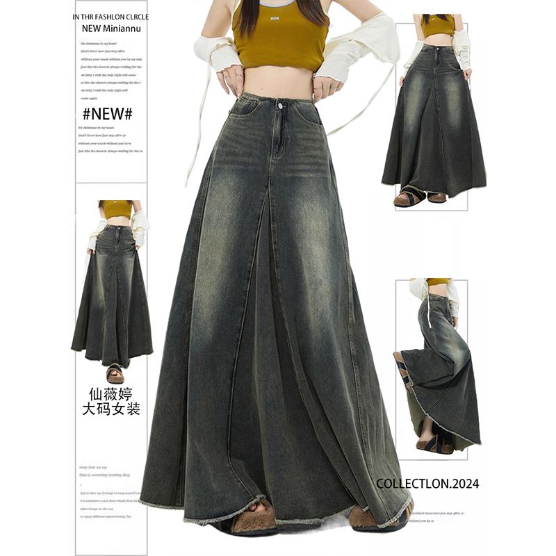 Vintage Frayed Denim A-Line Skirt for Plus Size Women, Korean Style Large Swing Skirt, Slimming Fish-Tail Skirt