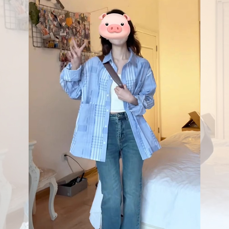 Blue striped plaid long-sleeved shirt for women with high-end light luxury age-reducing fashion spring niche Korean style top