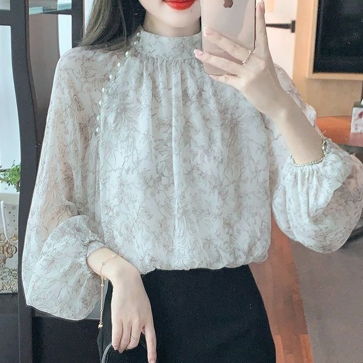 Women's clothing with spring and autumn Chinese style button long sleeve shirt with new Chinese style slim temperament top floral puff sleeves