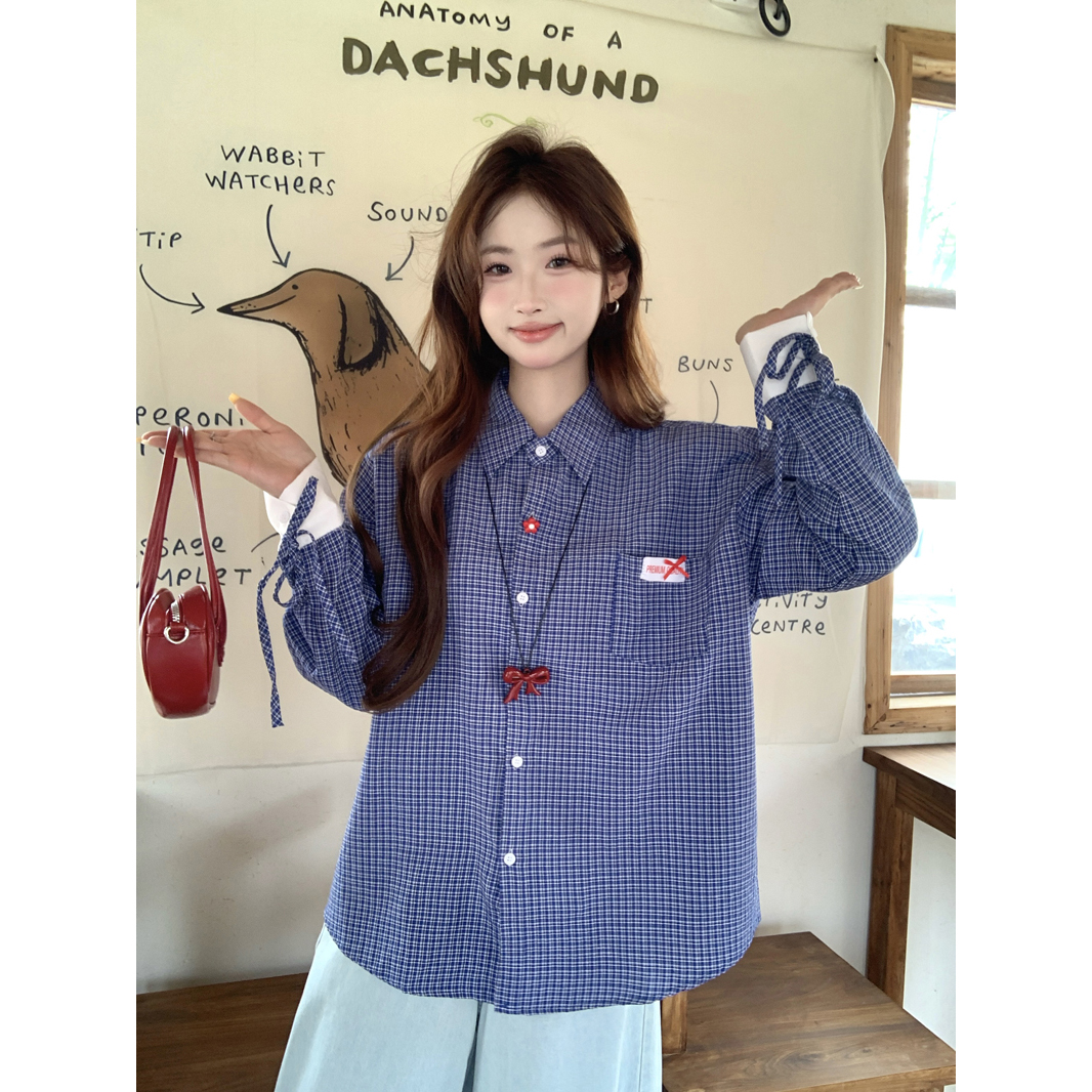 實拍韓系復古學院風藍色格子襯衫女2025寬鬆設計別致綁帶長袖上衣