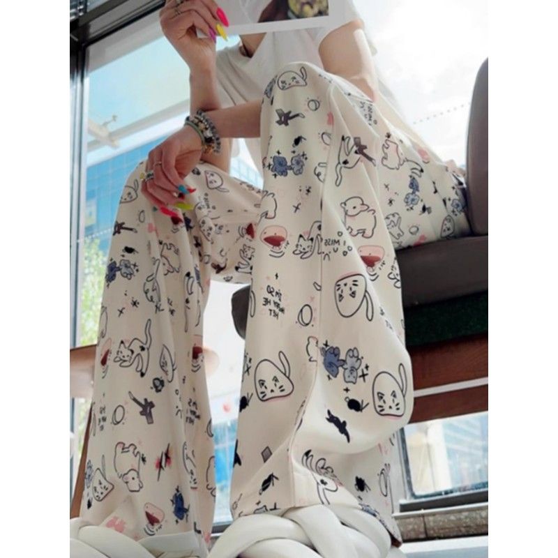 Cartoon graffiti wide-leg pants for women in summer thin ice silk wear puppy print walk pants sports casual trousers
