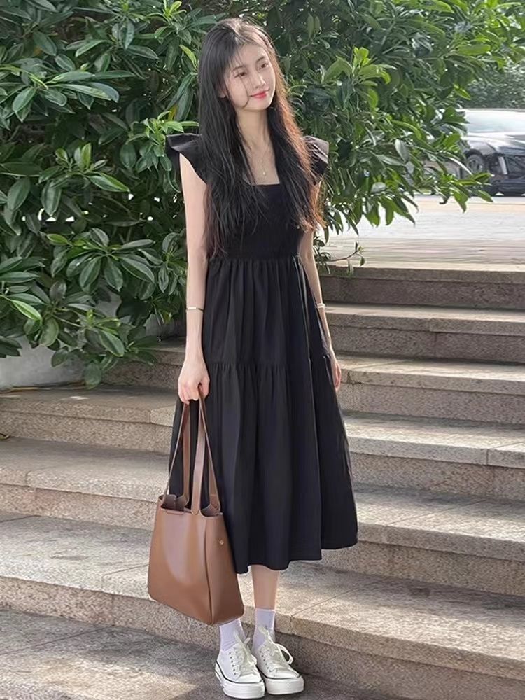 夏季2025年新款女黑色連衣裙子小飛袖和赫本風長裙法式初戀茶歇