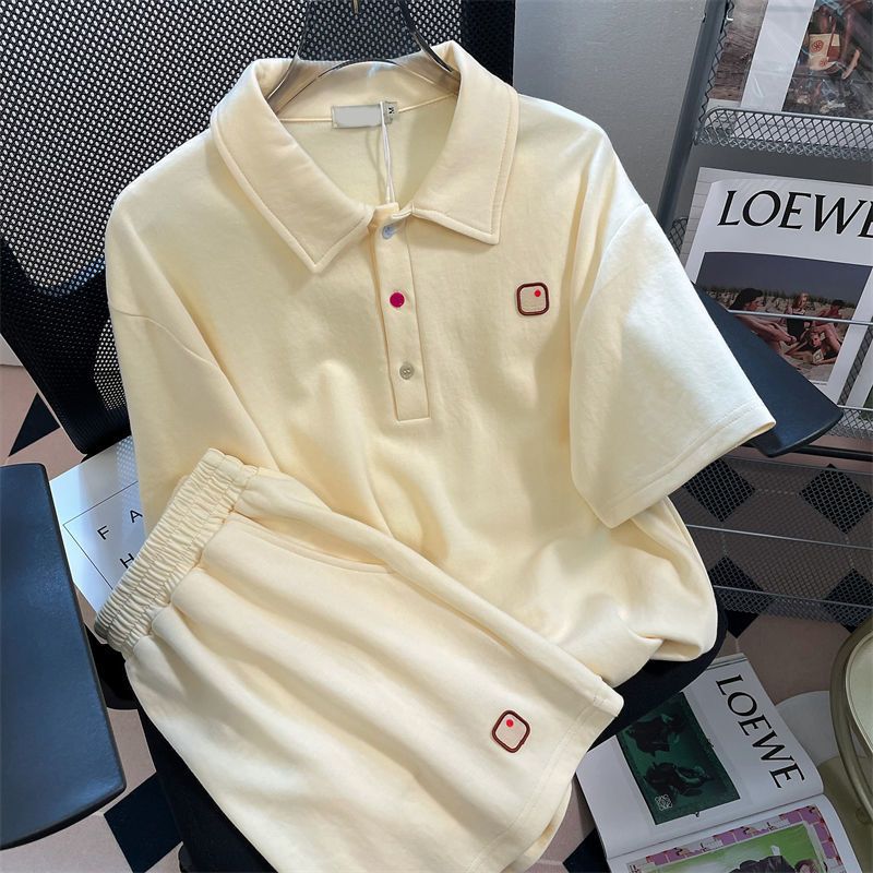 Sports style suit for women summer casual loose fashion college style polo collar short sleeve shorts two-piece set