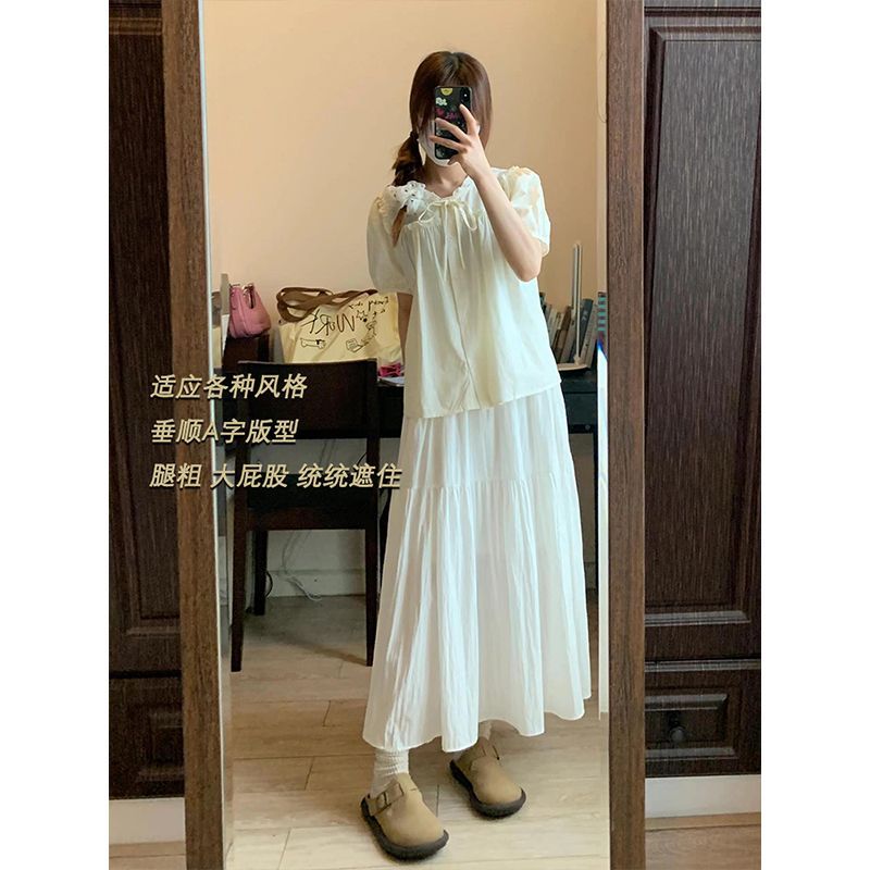 高腰白色a字半身裙女夏季2025年新款早春穿搭顯瘦拼接褶皺中長裙