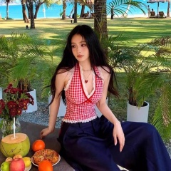 夏新款紅色復古格子背心女蕾絲拼接掛脖內搭吊帶性感辣妹v領上衣