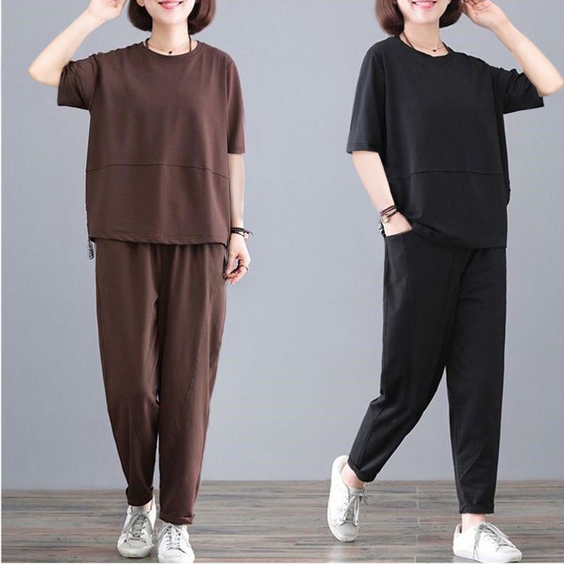 Fat mm plus size sports suit for women 2025 summer loose fashionable short-sleeved casual two-piece set