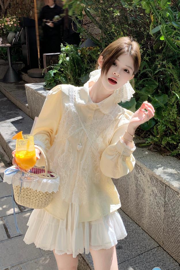 實拍法式重工蕾絲吊帶奶黃色襯衫2025春季新款女裝甜美設計感上衣