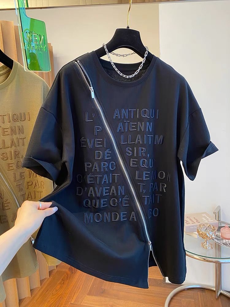 ~Large size loose Korean version pure cotton heavy industry embroidery chic zipper slit short-sleeved T-shirt women's summer new top