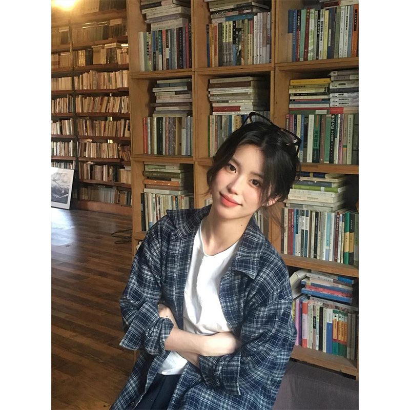 國潮牌小眾格紋疊穿設計長袖襯衫女早秋新款復古休閒寬鬆情侶襯衣