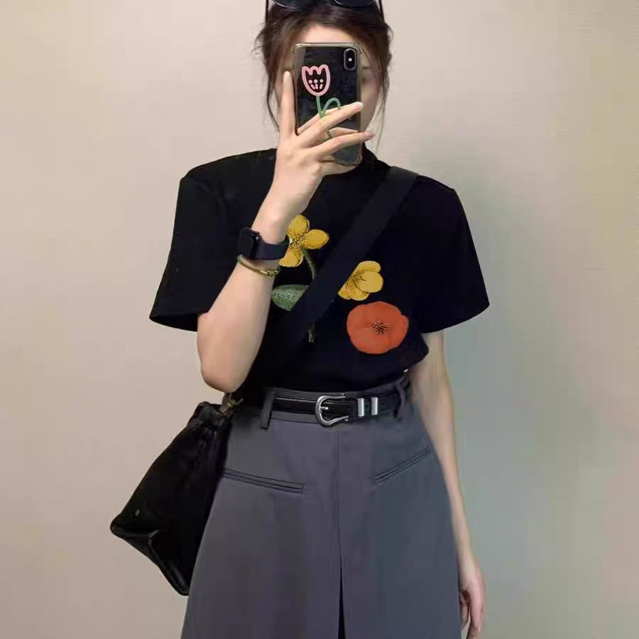 200g combed and tight spun in 2025, pure cotton back bag strip, spring and summer loose shoulder printed short-sleeved T-shirt