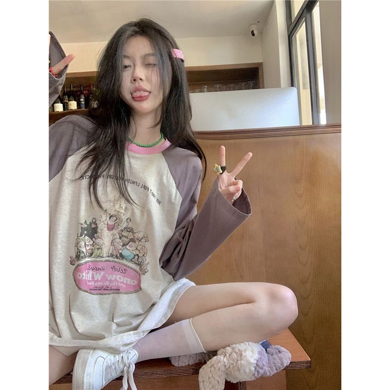 Original fabric colored cotton pull-up frame splicing long-sleeved T-shirt early spring lazy style loose printed garland shoulders