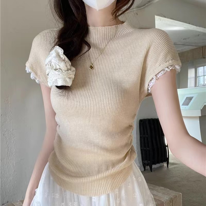 Lace spliced ​​pleated short-sleeved sweater 2025 summer new style design and slim niche top trendy