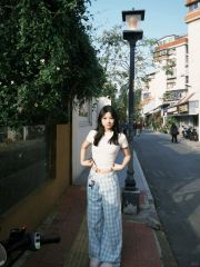 暴走高仙女奶藍色格子休閒女2025新款春夏闊腿拖地長褲