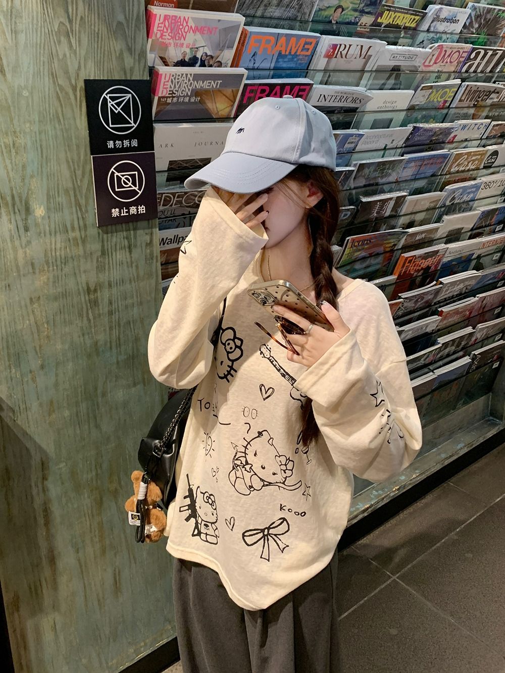 竹節條紋薄款卡通印花長袖T恤女早秋季寬鬆慵懶風