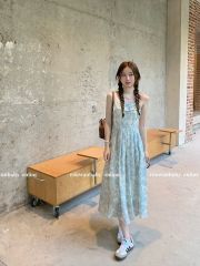 2025 new summer smudged romantic dress temperament French long skirt waist floral suspender skirt