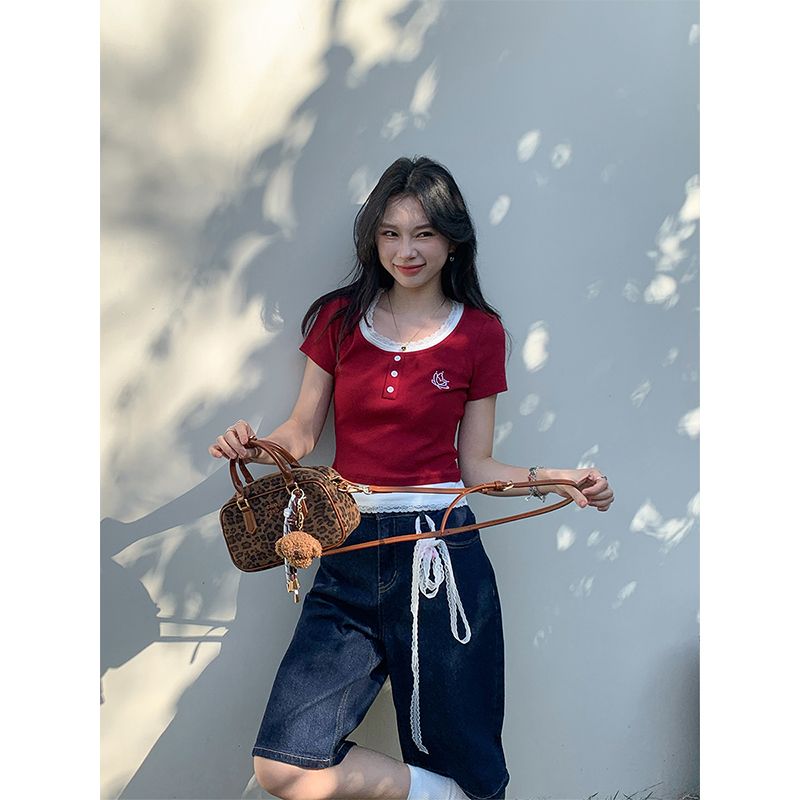 Short T-shirt for women U-neck short sleeve summer fake two-piece lace slim butterfly short top