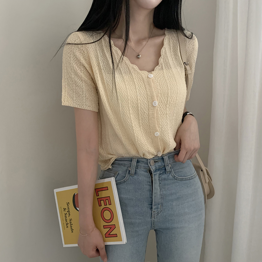 Large size women's clothing, fat mm solid color spring and summer ice silk knitted cardigan, small fragrance style lace wavy V-neck short-sleeved top for women