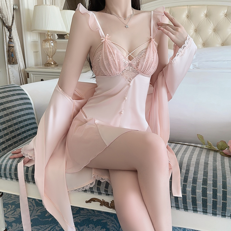 Real shot of new pure and lustful lace sexy deep V plus chest pad satin nightgown robe women's suit